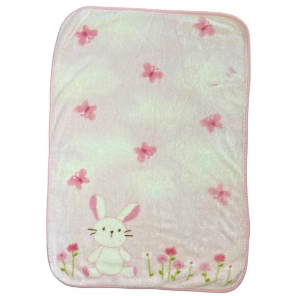 Carters Pink Bunny Baby Blanket Plush Fleece Rabbit Flowers Butterfly *READ* - Picture 1 of 8